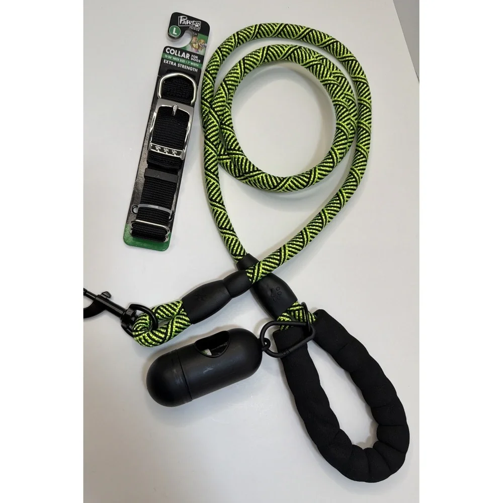 Braided Rope Leash Strong Reflective Lime Green 6ft  With Large Black Dog Collar